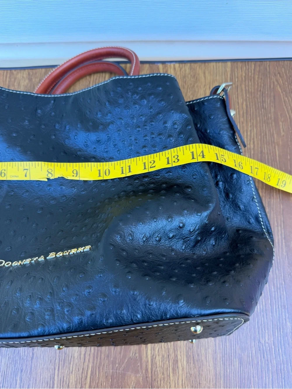Dooney & Bourke Ostrich Embossed Leather Satchel Tote Black Brown M/L Bag